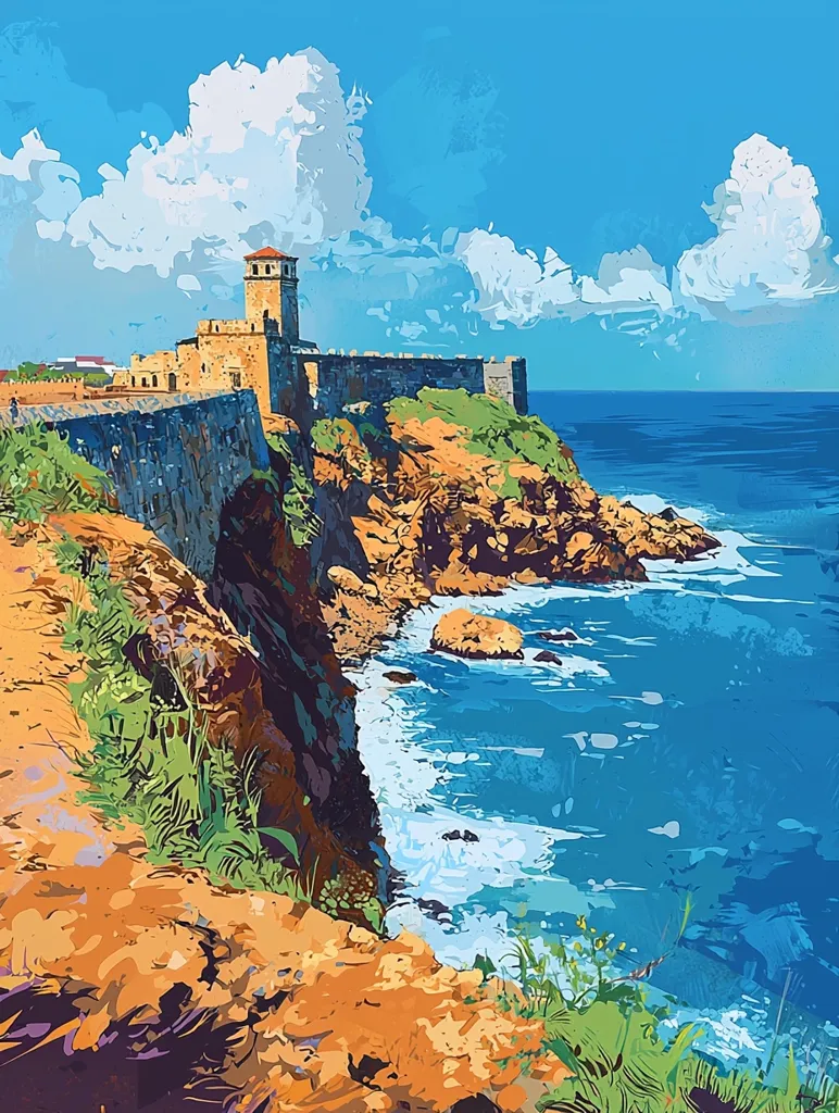 The image is a picturesque landscape painting. It depicts a fortified castle perched atop a rocky cliff overlooking a vast expanse of blue ocean. The sky is a vibrant azure, dotted with fluffy white clouds. The scene is bathed in golden sunlight, creating a warm and inviting atmosphere. Lush greenery adorns the cliff face, while the ocean's surface is alive with crashing waves. The painting conveys a sense of tranquility and grandeur, inviting viewers to imagine the stories held within the castle's walls.