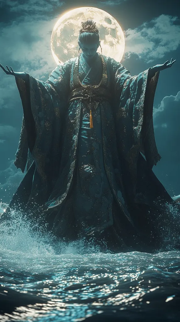 A woman, adorned in a flowing blue gown, stands amidst churning waves, her arms outstretched as if welcoming the ocean. A large, luminous moon hangs in the sky above, casting a silvery glow upon the scene. The woman's expression is unreadable, her gaze fixed on the horizon, shrouded in a sense of mystery and ancient power. The image evokes a feeling of otherworldly magic and the vastness of the sea.