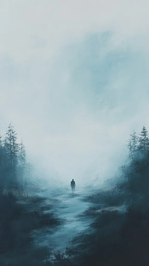 A solitary figure walks through a dense, misty forest. The air is thick with fog, obscuring the path ahead. The trees on either side of the figure are tall and dark, creating a sense of mystery and isolation. The overall tone of the image is eerie and atmospheric.  The sky is a pale blue, and the ground is covered in a thick layer of fog. The figure's silhouette is almost completely obscured by the fog, adding to the sense of loneliness and isolation.  The image evokes a feeling of being lost and alone in a vast, unknown world.