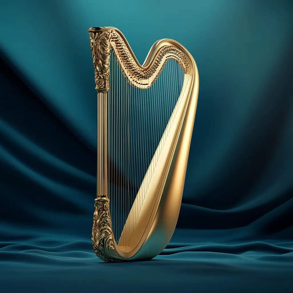 A golden harp with intricate details stands against a backdrop of flowing teal fabric. The harp's strings are taut and ready to be played, while the ornate carvings on its frame add a touch of elegance. The soft lighting casts a warm glow on the instrument, emphasizing its rich tone and exquisite craftsmanship.  The image evokes a sense of beauty, artistry, and musical expression.
