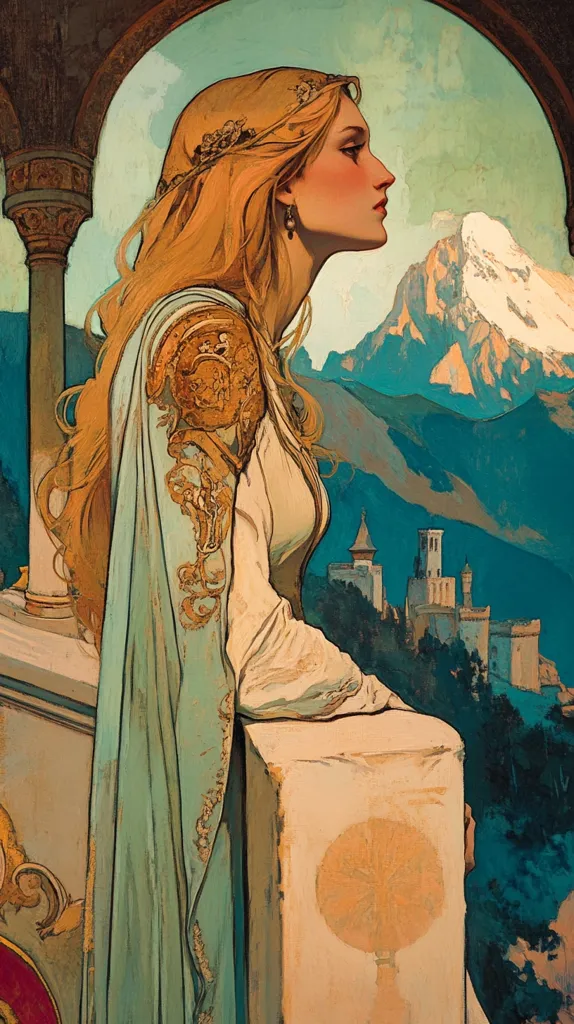 A woman with long blonde hair, wearing a white dress with gold embroidery and a crown, stands by a stone balcony overlooking a mountain range. The woman’s expression is serious and her gaze is focused on the distance. In the background, there is a snow-capped mountain and a distant village. The image has a soft, dreamy quality, evoking a sense of wonder and mystery.