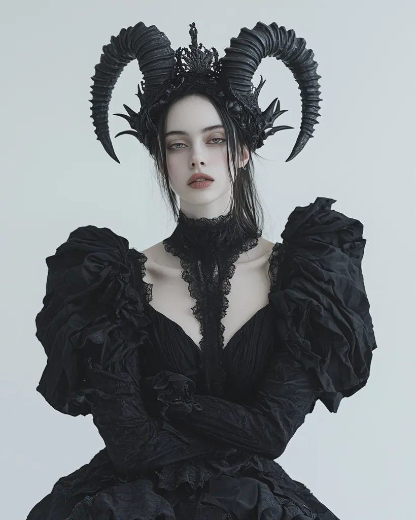 A woman with pale skin and dark hair wears a black, intricately designed dress with a large, dramatic horned headdress. Her eyes are dark and her lips are a deep red.  She stands against a white background,  her expression is serious. The image has a dark and gothic aesthetic.