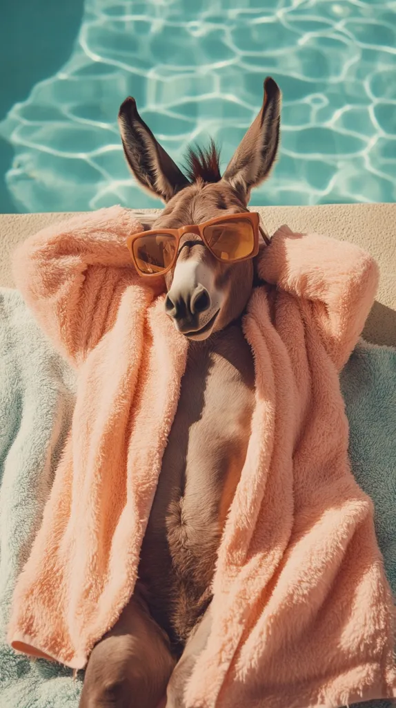 A donkey wearing sunglasses and a pink robe is lounging by a pool. The donkey is relaxed with its arms crossed and its head tilted back. The pool is in the background, and the donkey is lying on a towel. The image is a humorous take on a relaxing day by the pool.