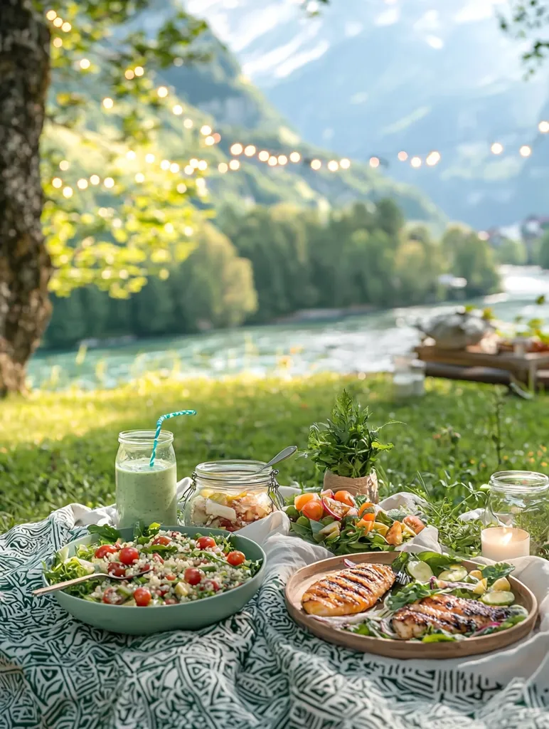 A picnic blanket is spread out on the grass in front of a beautiful green mountain backdrop. There are several dishes of food on the blanket including a salad, a plate of grilled fish, and a jar of salad. A glass of smoothie sits next to a lit candle.  String lights hang in the background creating a whimsical and romantic atmosphere.