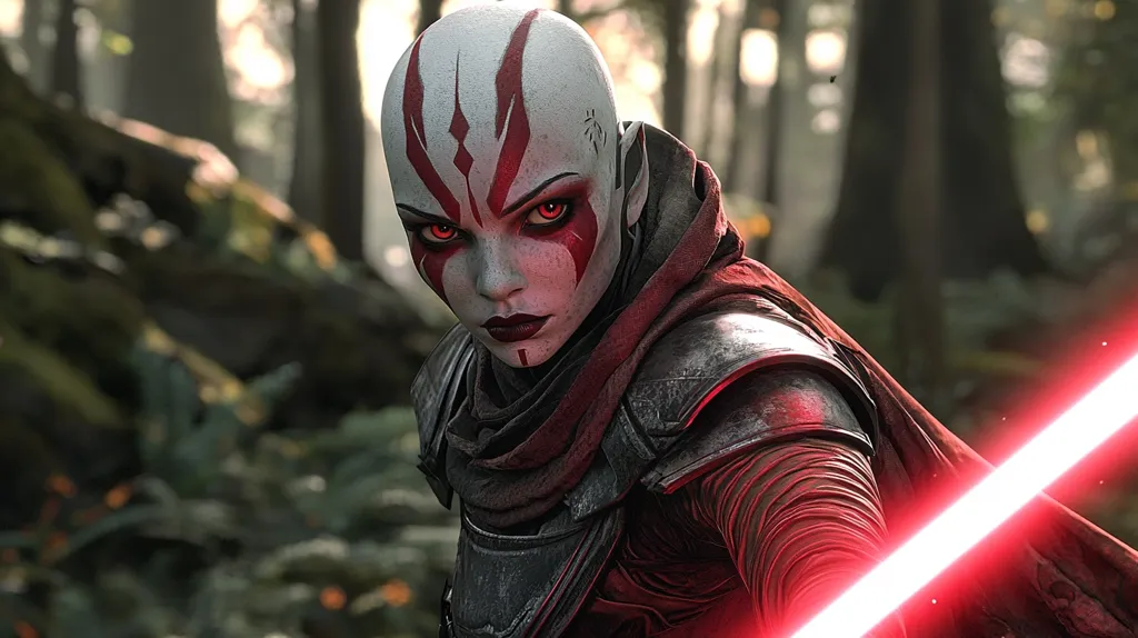 A woman with a red lightsaber stands in a forest. She is wearing a dark red and black outfit, with red markings painted on her face and red eyes. Her expression is serious and determined. The background is blurred, with tall trees and green foliage.  The image has a dark and moody feel.