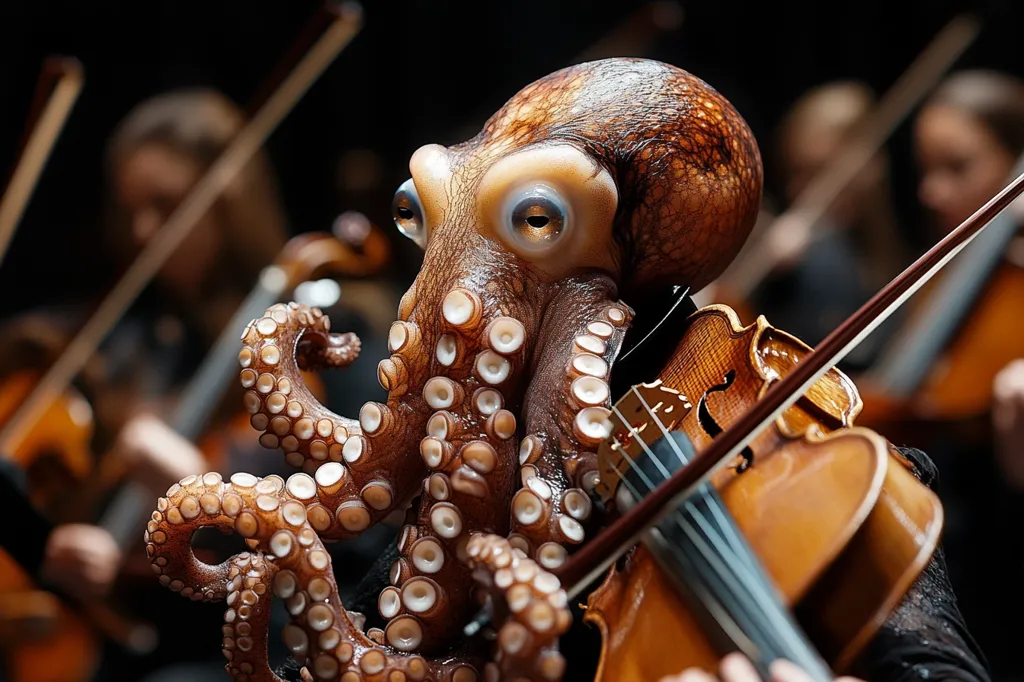 A large octopus with prominent blue eyes plays a violin, its tentacles wrapped around the instrument. It is surrounded by blurred images of other musicians in a concert hall, giving the impression that the octopus is part of a symphony orchestra. The scene is surreal and humorous, suggesting a playful exploration of the unexpected.