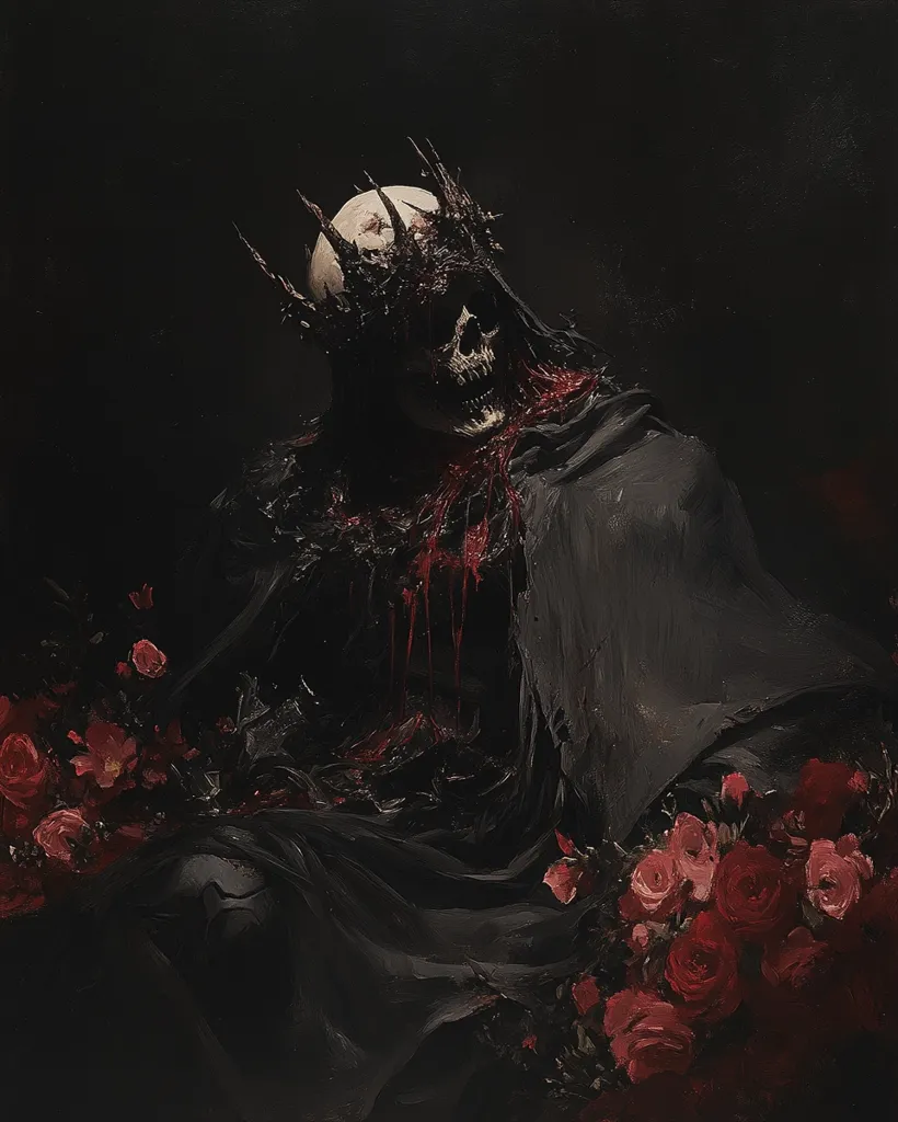The painting depicts a skeletal figure wearing a crown and a tattered black cloak. The figure's skull is covered in a bloody, dark substance, and their face is obscured by the cloak. The figure sits amidst a cluster of deep red roses, their petals forming a pool of darkness around the skeletal figure. The painting has a dark, ominous atmosphere, suggestive of death and decay. The use of deep blacks and reds adds to the feeling of dread and the figure's sorrowful disposition.