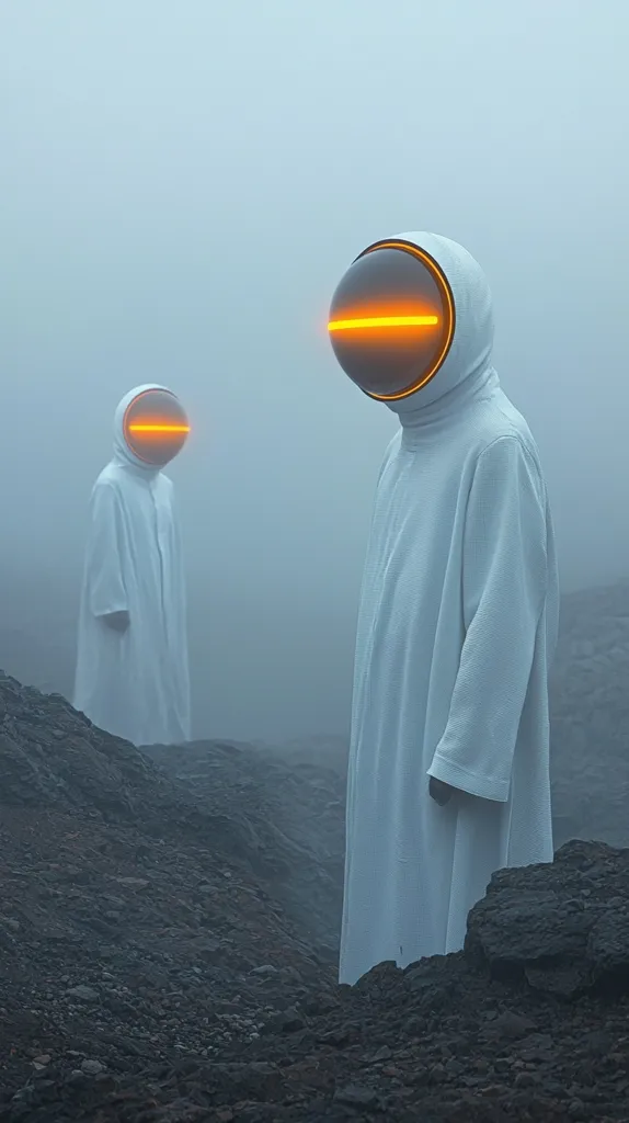 Two figures stand in a desolate landscape, shrouded in fog. They wear white robes and unique helmets with glowing orange lights. The rocky terrain and atmospheric fog create a sense of isolation and mystery. The figures seem to be gazing out at the distant horizon, their purpose unknown.