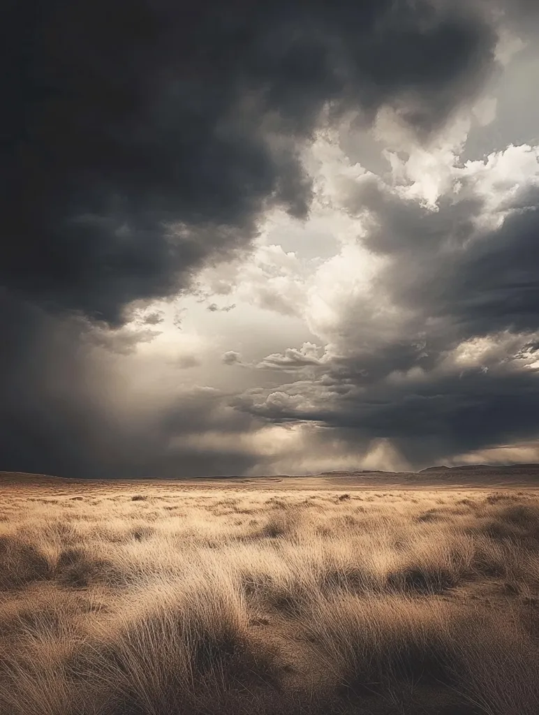 A vast field of dry grass stretches out under a dramatic sky. Dark storm clouds hang low, creating a sense of foreboding, while a patch of sunlight breaks through, illuminating the distant horizon. The scene evokes a feeling of anticipation, as if something is about to happen.