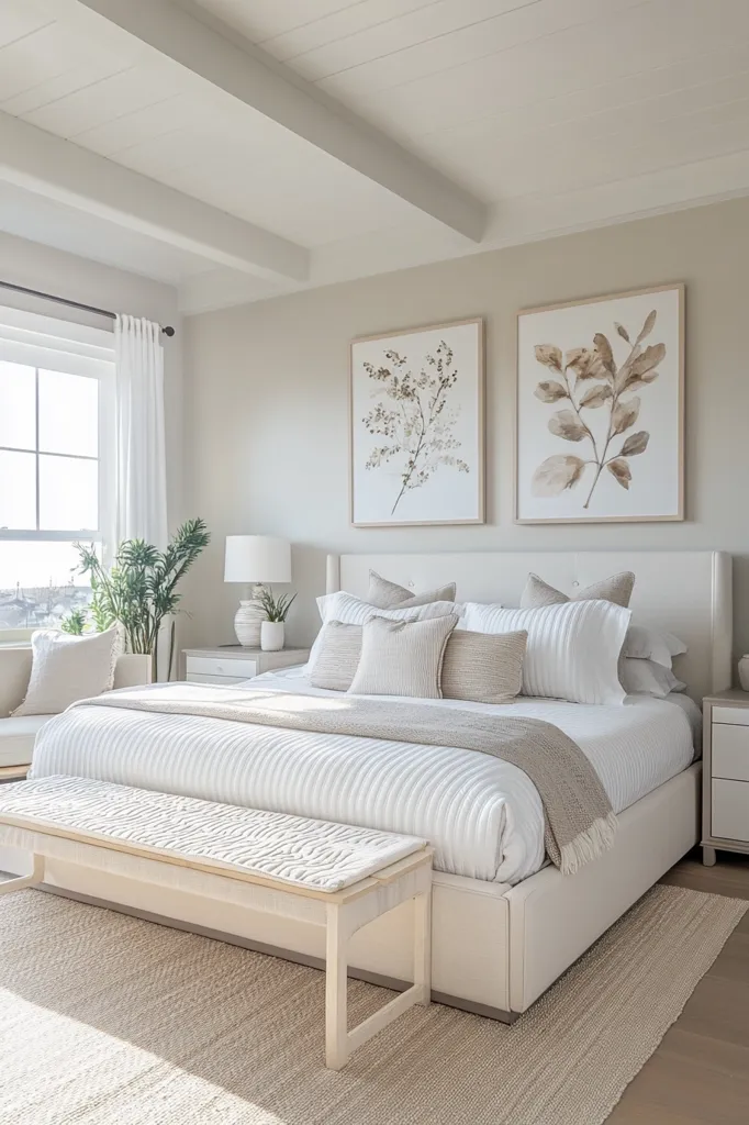 A spacious bedroom with a large bed,  white linens, and a beige throw blanket. Two framed watercolor paintings of branches hang above the headboard. Natural light floods in through a large window, illuminating the room.  A wooden bench sits at the foot of the bed, and a small potted plant stands on a side table. The room is decorated in a neutral color palette, creating a calm and inviting atmosphere.  The ceiling features exposed wooden beams, adding a rustic touch to the space.