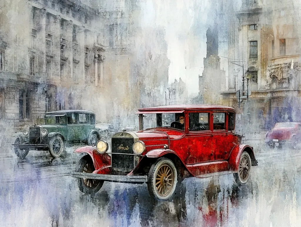 A vintage red car is the focal point of the image, set against a hazy background of city buildings. It appears to be driving along a city street with other cars visible in the distance. The image is painted in a watercolor style, giving it a dreamy and nostalgic feel. The car's details are visible, including its shiny paint and large wheels. The overall effect is one of classic elegance and timeless beauty.