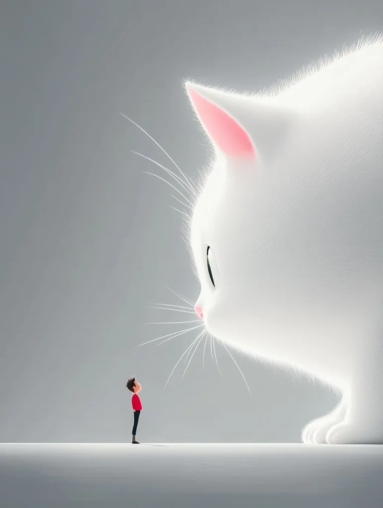 A tiny human stands in awe before a giant, fluffy white cat with pink ears. The cat's whisker-covered face is filled with a gentle expression. The human appears small and insignificant against the cat's immense size. The scene is light and whimsical, suggesting a playful interaction between two unlikely friends.