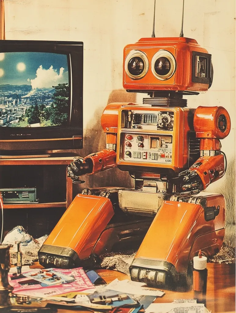 A retro-styled robot with orange and silver coloring sits in front of a television. The robot has large, round eyes and articulated limbs. The television is showing a cityscape on a sunny day. Papers are scattered on the floor around the robot.  The robot is wearing a nostalgic and futuristic aesthetic, blending elements of 1970s and 1980s design.