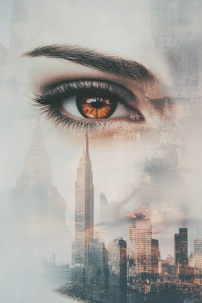 The image is a surreal double exposure of a woman's eye and a cityscape. The eye is large and prominent, with a brown iris and thick lashes, and it appears to be looking out over a city skyline. The city is partially obscured by fog and haze, suggesting a sense of mystery or unreality. The overall effect is dreamlike and atmospheric, highlighting the beauty and grandeur of the city, as seen through the lens of the woman's eye.