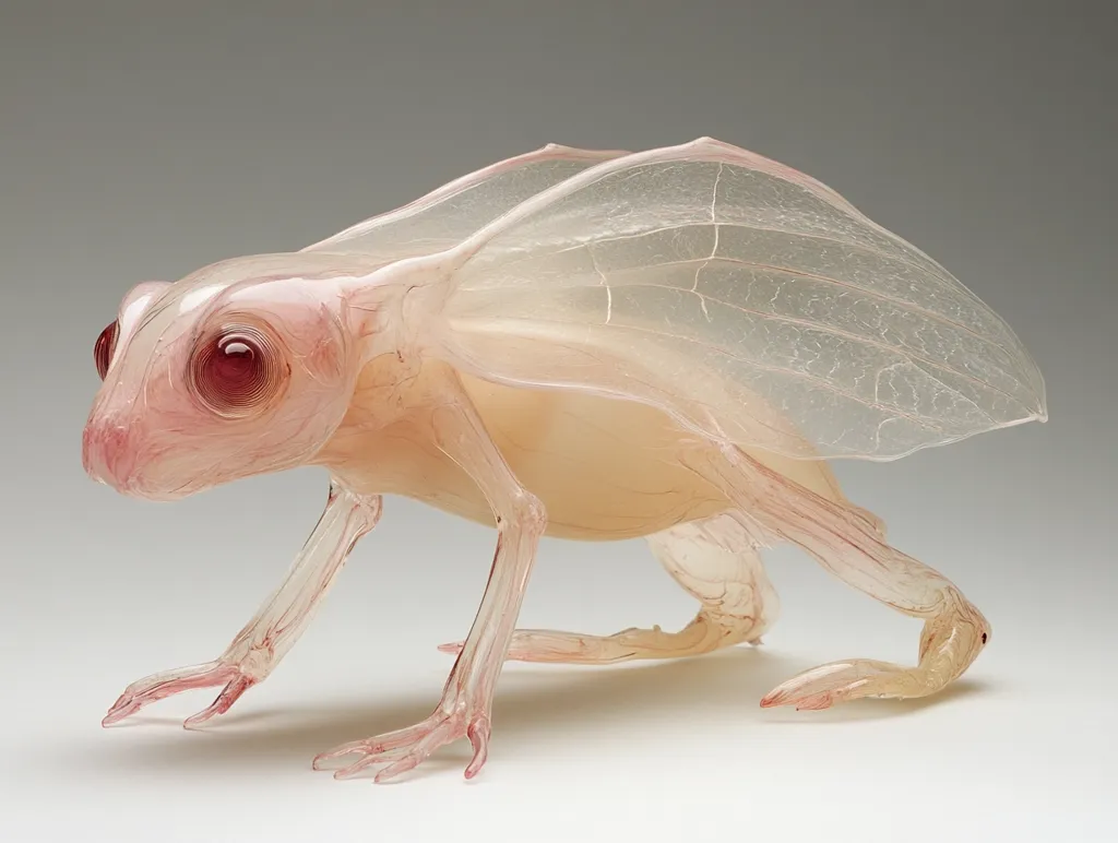 The image shows a glass sculpture of a frog with translucent wings. The sculpture is delicate and intricate, with a pale pink hue and visible veins throughout its body. The frog's large, red eyes stand out against the transparent body, creating a striking contrast. The sculpture is set against a plain, gray background, highlighting its fragility and beauty.