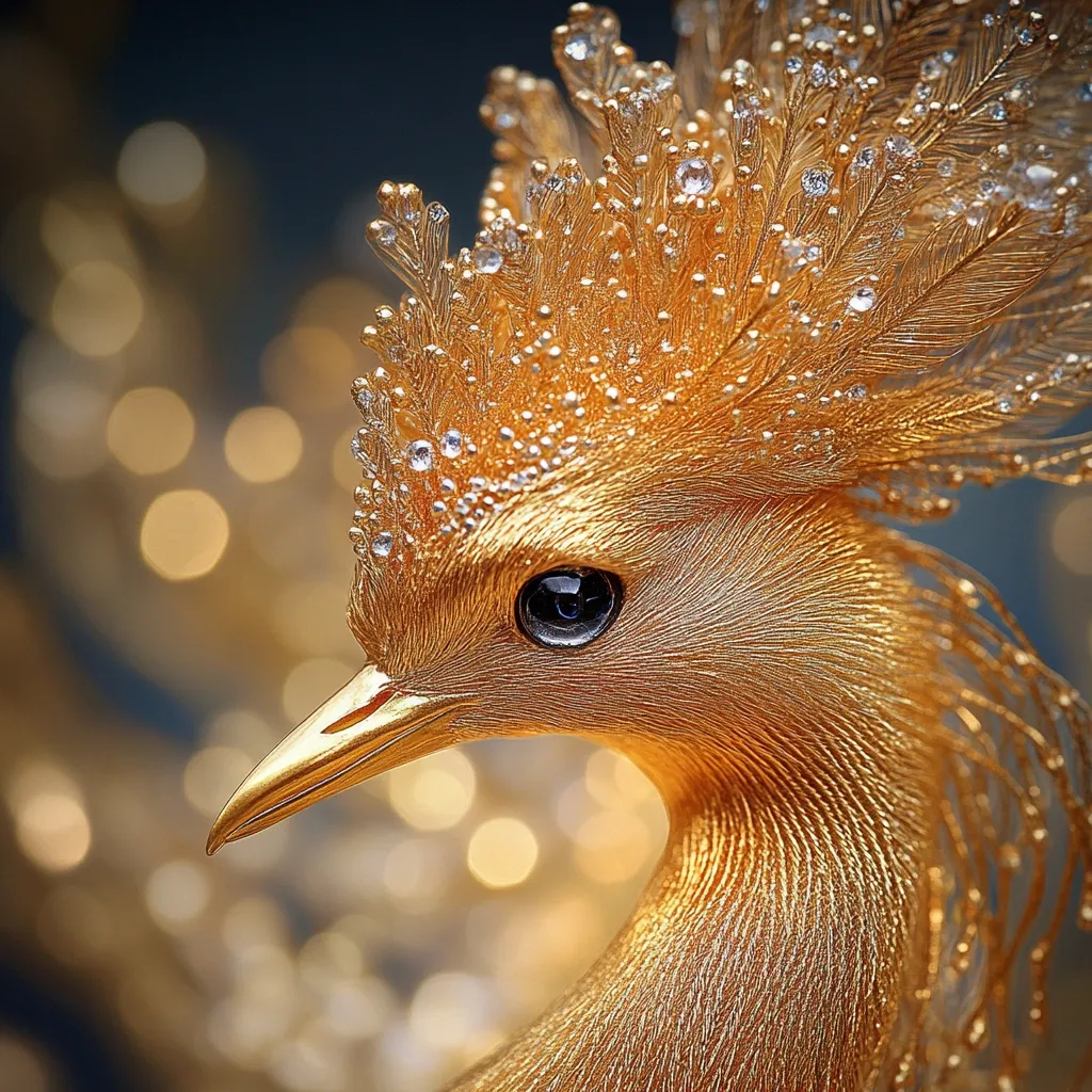 A close-up shot of a golden bird with a detailed, feathery crest adorned with tiny, sparkling gems. The bird's eye is large and black, staring directly at the viewer. The background is blurred, creating a soft focus effect. The bird appears to be made of metal, with a smooth, polished surface. The image evokes a sense of luxury and opulence.