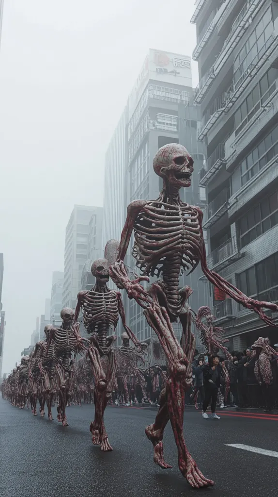 A long line of skeletal figures with exposed flesh and bone walk down a city street. The figures are all in a single file line, and the perspective makes them appear to be getting larger as they walk towards the viewer. The city buildings in the background are shrouded in fog, creating a sense of unease.