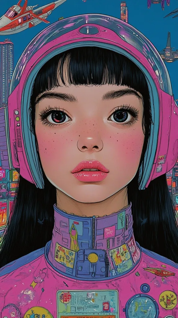 The image shows a young woman with long black hair wearing a futuristic pink and blue spacesuit with a helmet.  The woman has large brown eyes, and her skin is light with pink blush. The background is a bright blue with futuristic buildings, a spaceship, and other unidentified objects. The style of the image is anime.