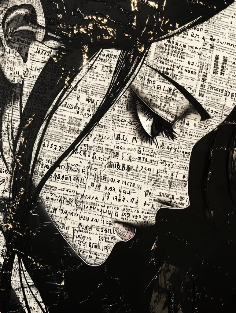 The image is a portrait of a woman's face. Her face is partially obscured by a newspaper, which is printed in a foreign language. The newspaper covers her entire face except for her right eye, which is gazing downwards. The woman's hair is black and her skin is pale. The image has a dark and mysterious feel.