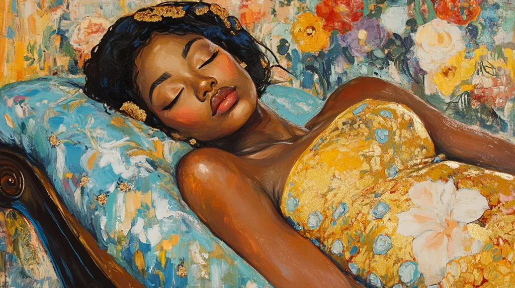 A painting of a Black woman asleep on a floral-patterned pillow and wearing a gold and blue patterned dress. The woman has her eyes closed and her lips are slightly parted. The background is a blur of colorful flowers. The painting is done in a painterly style with thick brushstrokes.  The artwork appears to be a portrait, capturing the peaceful moment of a woman resting.