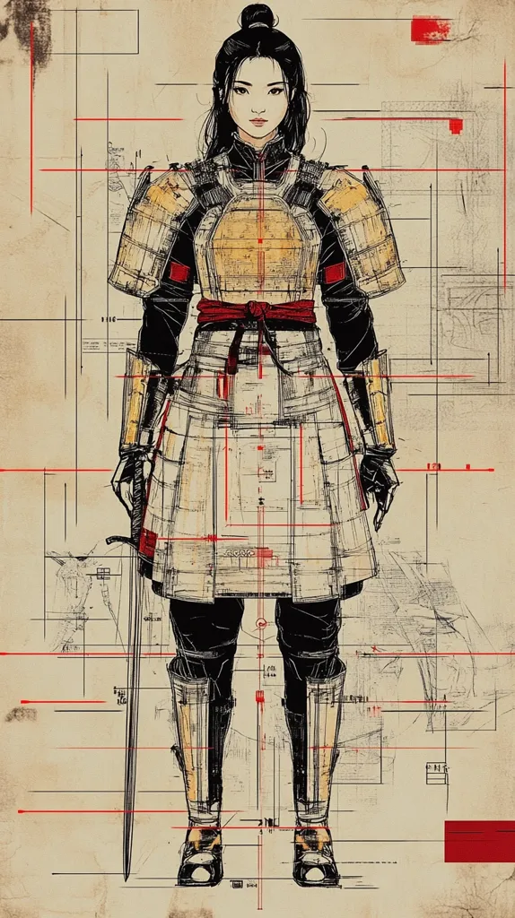 The image shows a female warrior in traditional samurai armor standing against a background of architectural plans. She is wearing a black tunic, brown armor, a red belt and tall black boots. Her black hair is pulled back in a bun. She holds a katana in her right hand. The warrior’s expression is stoic and resolute, conveying a sense of strength and determination. The red lines of the plans intersect her body, highlighting her silhouette and emphasizing her connection to the structure of the design.  The image is a visual representation of the power and discipline of a warrior.