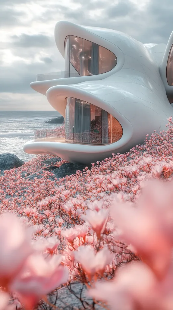 A futuristic, white, organic-shaped house with large windows overlooks a calm ocean. The house is perched on a cliff overlooking the water and is surrounded by a field of delicate pink flowers. The sky is a soft, cloudy gray.