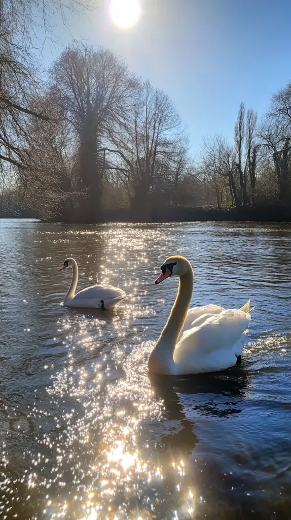 Two white swans gracefully glide across a shimmering river under a bright, sunny sky. The water reflects the sunlight, creating a sparkling path across the surface. The swans are in the foreground, with trees lining the banks in the background. The image exudes a sense of tranquility and peace.