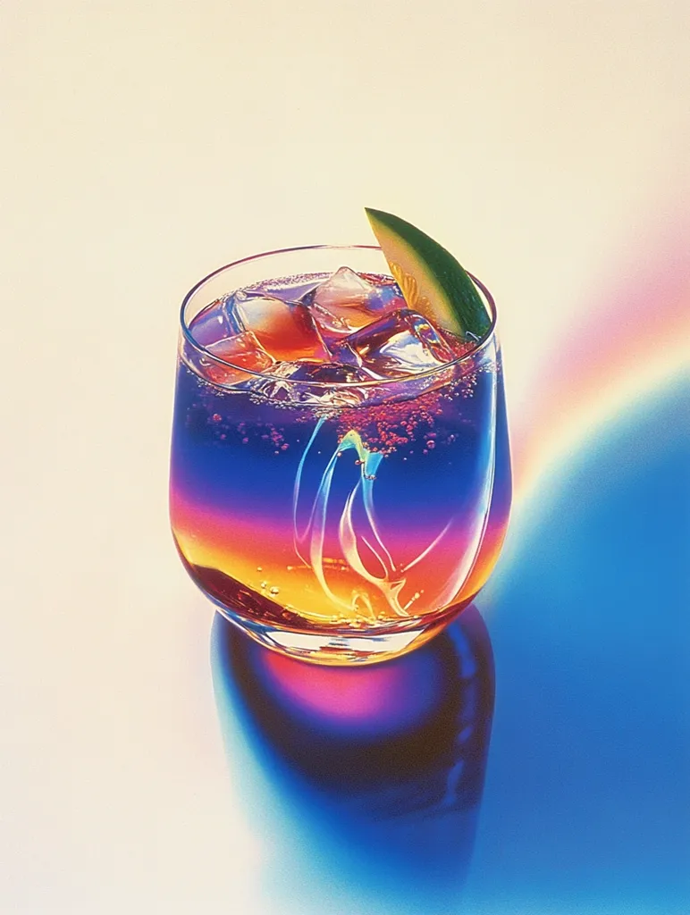 A close-up shot of a glass filled with a vibrant purple and yellow drink. It's garnished with a slice of cucumber and filled with ice cubes. The drink casts a colorful reflection on the blue and purple surface. The background is a blurry, soft white and yellow.  The image is brightly lit and has a playful, almost surreal quality.