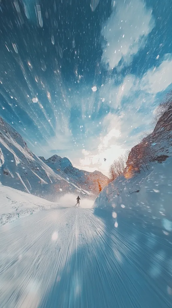 A lone skier traverses a snowy mountain slope, with a bright blue sky above and a mountain range stretching out behind. The image captures the feeling of speed and exhilaration, with the skier's form blurred and the snow swirling around them. The sky is filled with light streaks, creating a sense of motion.