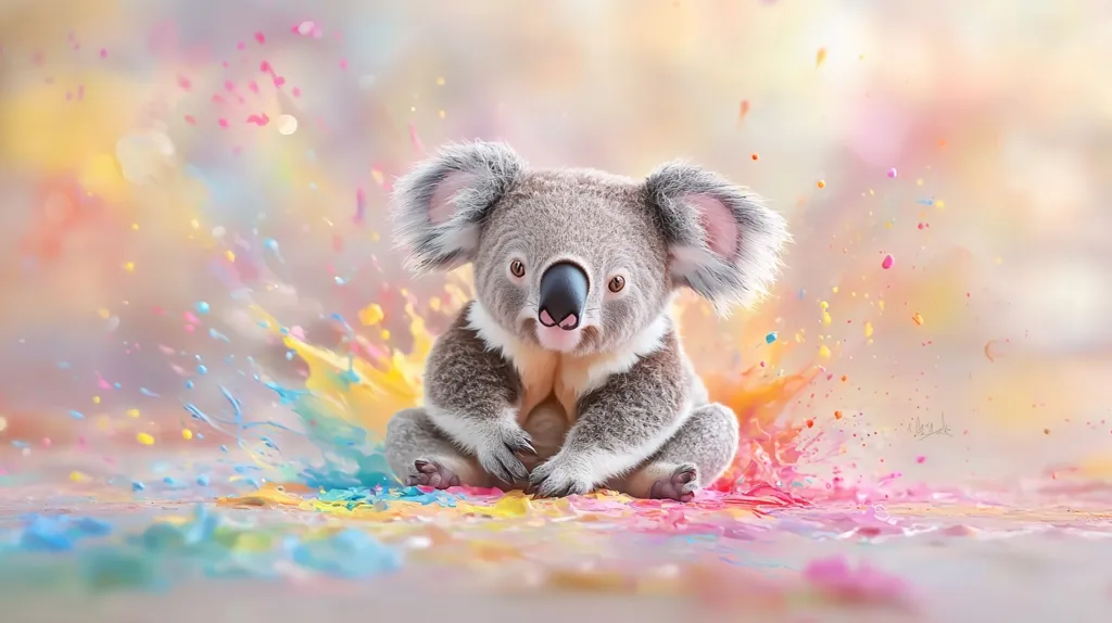 A cute koala sits in the middle of a colorful paint splatter, staring directly at the camera. The koala's fur is fluffy and grey, and its ears are large and rounded. The paint splatter is a mix of vibrant colors, including pink, blue, yellow, and green. The background is a soft blur of pastel colors, creating a whimsical and dreamlike atmosphere. The image is playful and joyful, capturing the beauty of both the animal and the art.