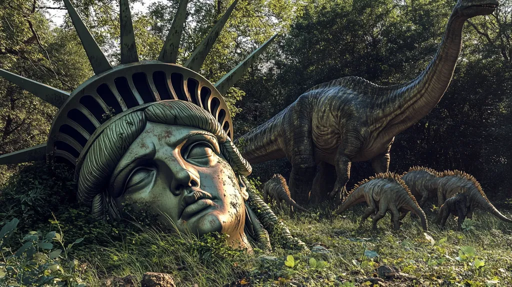 The Statue of Liberty lies on its side in a dense jungle, its face partially obscured by foliage. A large dinosaur strides past, its long neck reaching towards the trees. Two smaller dinosaurs graze in the foreground, amidst the overgrown grass and fallen leaves. The scene suggests a post-apocalyptic world where nature has reclaimed civilization.