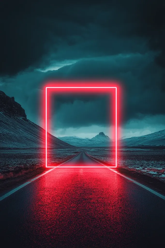 A long, straight road stretches out into the distance under a dark, cloudy sky.  A bright red neon square frame sits across the road, casting a glowing reflection on the asphalt. The frame encloses a mountainous landscape, giving the impression of a mysterious portal. The scene is both surreal and alluring, hinting at a journey into the unknown.
