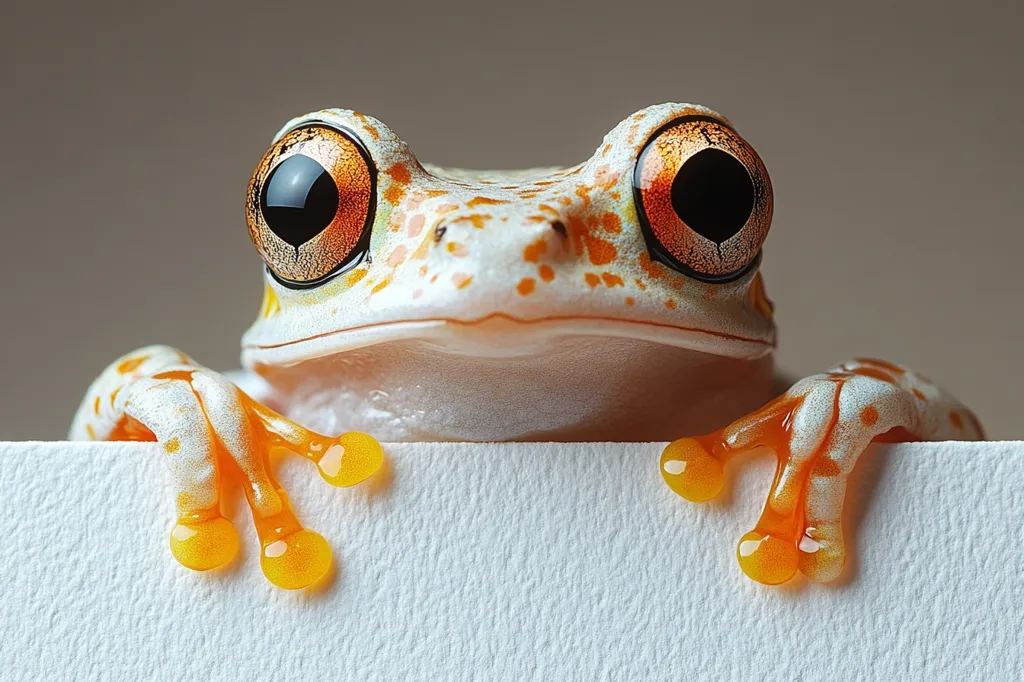 A white and orange frog with large, prominent, orange eyes sits on a white surface. Its bright orange toes are gripping the edge of the surface, and it has a friendly, curious expression. The frog's skin is covered in small white spots. The image is a close-up shot, focusing on the frog's head and arms. The background is a soft, muted gray.