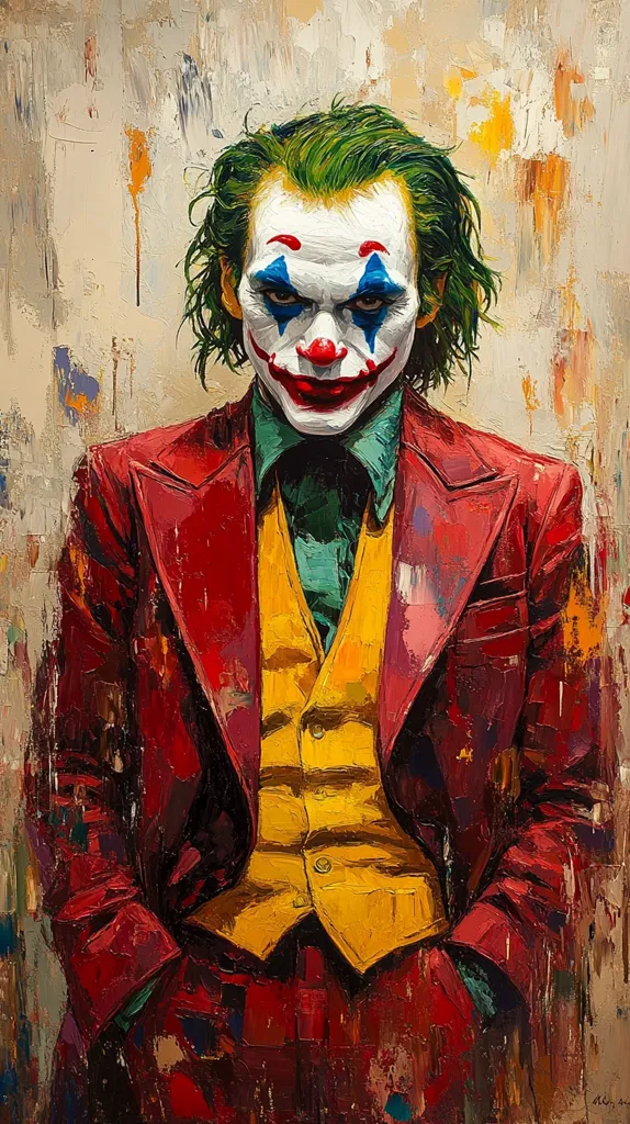 The image is a painting of the Joker, a character from the Batman comics. He has a wide, sinister grin, and his eyes are filled with malice. He is wearing a red suit, a yellow vest, and a green tie. The background is a rough, textured canvas with splashes of color. The painting is done in a realistic style, and the Joker looks menacing and chaotic.