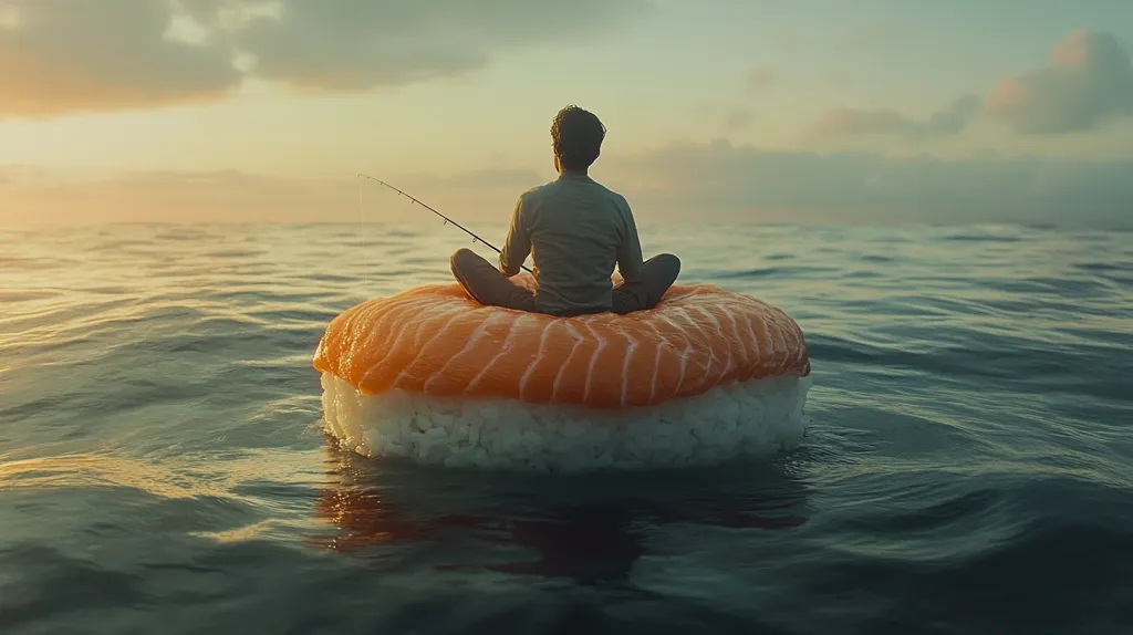 A man sits on a giant sushi roll floating in the ocean, holding a fishing rod. The sun sets in the background, casting a warm glow over the scene. The surreal image is a humorous and creative juxtaposition of everyday objects and unexpected settings.
