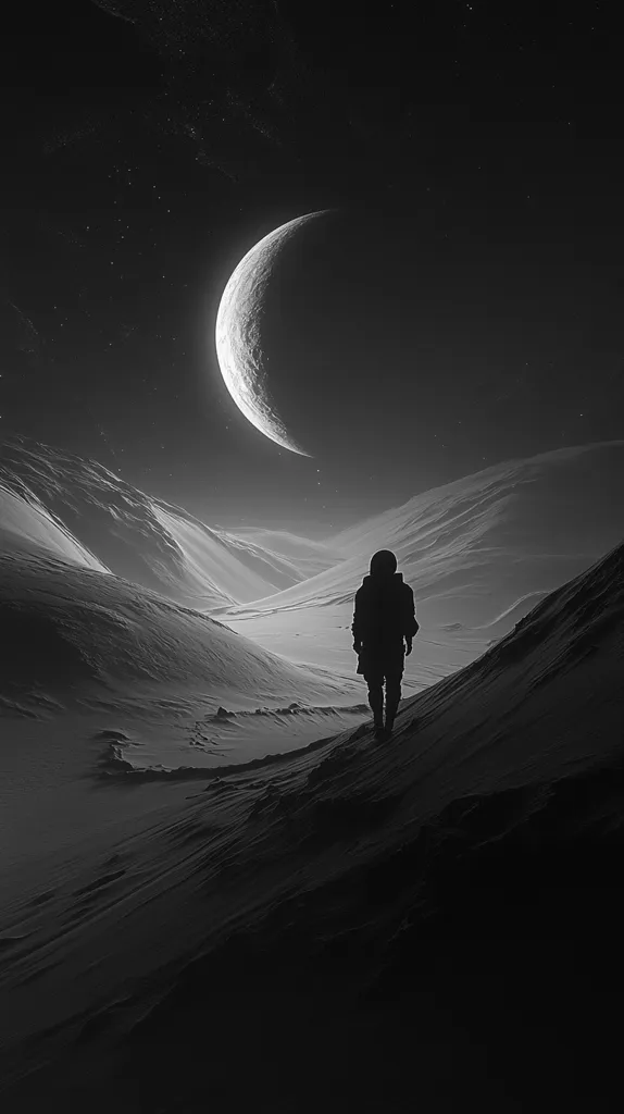 The image is a black and white photo of a lone figure walking on a snow-covered landscape under a crescent moon. The figure is a silhouette against the bright moon and the dark sky. The landscape is barren and desolate, with rolling hills and deep shadows. The image evokes a sense of loneliness and isolation.