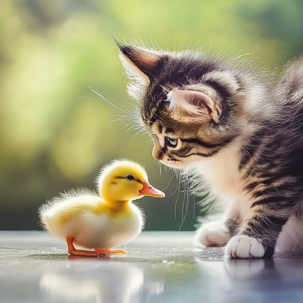 A small, yellow duckling stands facing a curious grey tabby kitten. The duckling is facing the kitten, looking up at it with a bright yellow beak. The kitten is looking down at the duckling with big, curious eyes. Both animals are in focus and appear to be engaged in a gentle interaction. The background is a soft green blur, suggesting an outdoor setting.  The image captures a sweet moment between two unlikely friends.