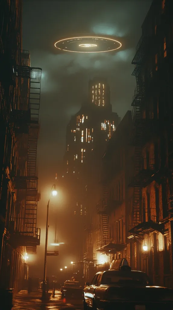 The image shows a nighttime scene of a city street. A large, circular object, possibly a UFO, hovers in the sky above the street. The street is lined with tall, brick buildings and streetlights cast a warm glow. A car is parked on the street and the image is likely from a science fiction film or television series. The atmosphere is mysterious and suspenseful.