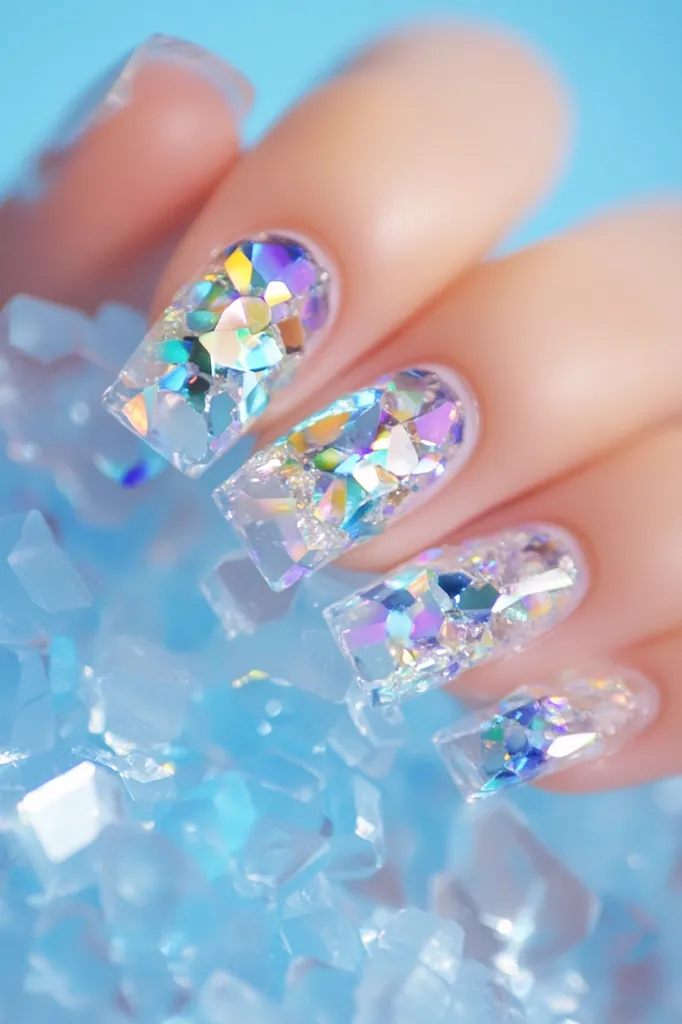 A close-up of a hand with long, square-shaped nails adorned with iridescent glitter. The nails are set against a backdrop of scattered iridescent glitter, creating a shimmering and ethereal effect. The light catches the glitter, reflecting a rainbow of colors. The hand is delicately posed, showcasing the intricate design of the nail art. The image evokes a sense of glamour and sparkle.