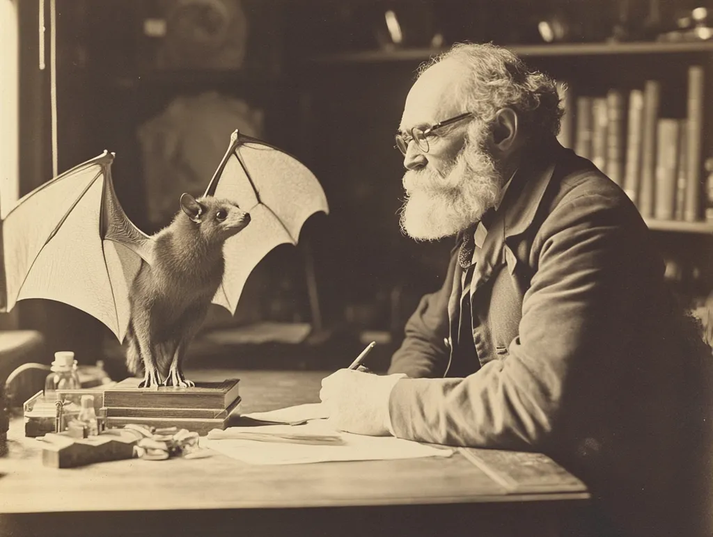 A man with a long white beard is sitting at a desk, writing.  A bat, with its wings spread wide, is perched on a wooden stand next to him. The man is wearing glasses and a dark jacket, while the bat is brown with a long, pointed snout.  The image is in black and white and has a vintage feel.  Behind the man is a bookshelf filled with books, and the scene is dimly lit.