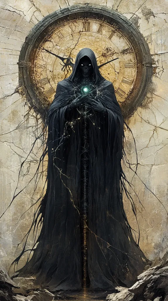 A cloaked figure stands before a large, cracked clock face. The figure is holding a glowing orb and its face is obscured by the hood. The clock is set against a crumbling stone background. The image has a dark, ominous atmosphere. The figure is tall and imposing, with long, flowing robes. The clock face is cracked and worn, with roman numerals indicating the hours. The image evokes a sense of time, decay, and mystery.