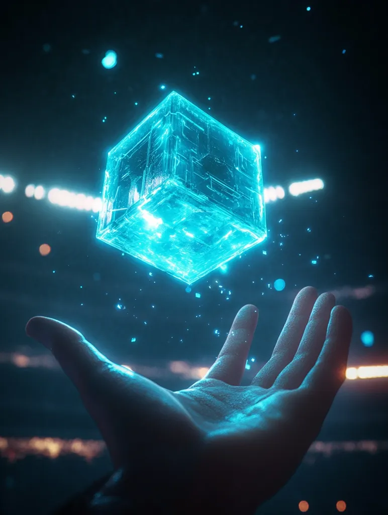A glowing blue cube levitates above an outstretched hand. The cube has a geometric pattern and appears to be made of energy. The background is a dark blue with scattered white lights. The image evokes a sense of magic and technology.