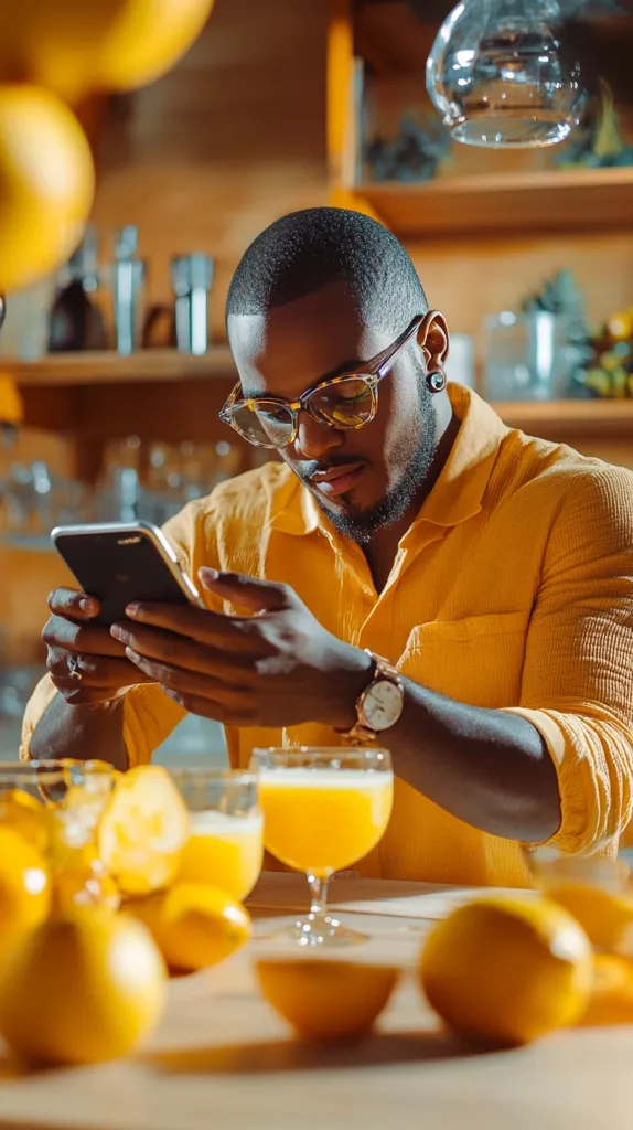 A man wearing a yellow shirt and glasses is seated at a table, looking down at his phone. He has a glass of orange juice in front of him, and there are lemons and oranges around him on the table. The setting is bright and warm, with the sun shining through the window.