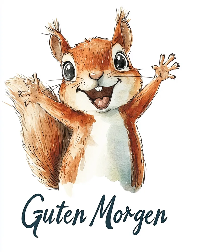 A cartoon squirrel with a fluffy tail and big eyes is waving with a big smile. It's painted in a watercolor style. Underneath the squirrel, it says "Guten Morgen" in German.  It's a cheerful image that conveys a sense of good morning and happy greetings.