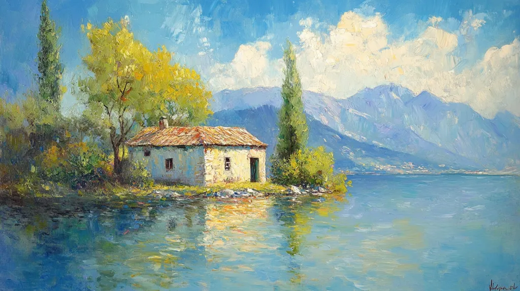 A quaint, whitewashed cottage with a brown roof sits on a small peninsula jutting out into a tranquil lake. Lush green trees frame the scene, while the distant mountains rise up in the background under a bright blue sky with fluffy white clouds. The water reflects the blue sky and the surrounding foliage, creating a picturesque and serene landscape.