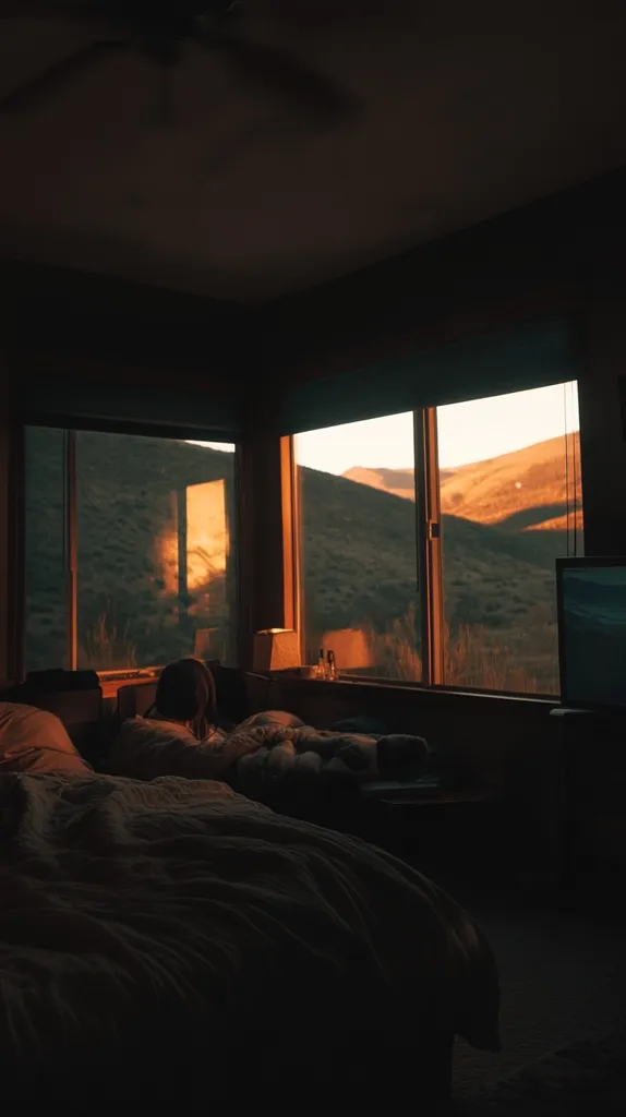 A bedroom with a large window overlooking a hilly landscape. The sun is setting, casting a warm glow over the scene. A person is lying in bed, partially obscured by the darkness. The room is cozy and inviting, with a sense of peace and tranquility. The image captures the beauty of a simple moment, allowing the viewer to feel a sense of calm and relaxation.