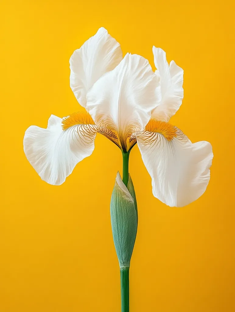 A single white iris flower with yellow accents blooms against a vibrant yellow background. The flower's delicate petals are gently unfurling, revealing the intricate patterns within.  A green bud sits below the bloom, hinting at the promise of more flowers to come.  The contrasting colors of the flower and background create a striking visual impact, showcasing the beauty of nature in a simple and elegant manner.