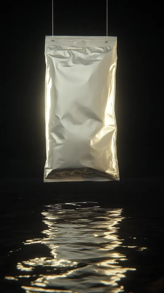 A silver foil pouch hangs from two thin strings against a black background. The pouch is empty and crinkled, with a slight sheen. The light reflecting off the foil creates a shimmering effect on the surface below, resembling water ripples. The image has a simple, minimalist aesthetic.