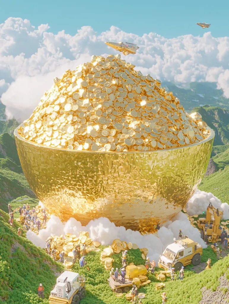 A giant golden bowl overflowing with gold coins sits on a cloud in a mountainous landscape. Tiny figures work around the base of the bowl, collecting the coins. Two small flying vehicles are visible in the sky. The scene is a whimsical representation of wealth and abundance.