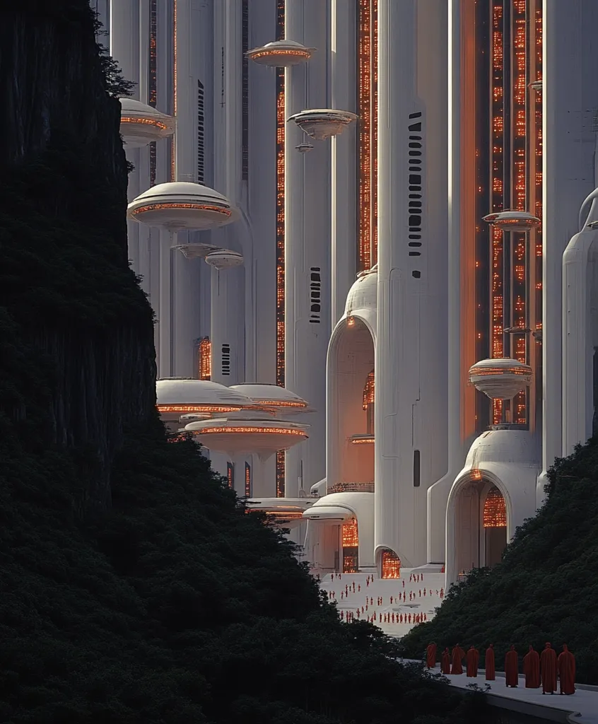 The image depicts a futuristic cityscape with tall, white, cylindrical structures. The buildings are adorned with glowing lights and have large, arched entrances.  A group of people dressed in red walk along a path leading towards the buildings, surrounded by lush green vegetation. The scene suggests a blend of technology and nature, creating a unique and captivating aesthetic.